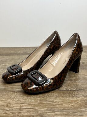 Franco Sarto Leopard Print Block Heel Pumps Size 9M Glossy Statement Heels